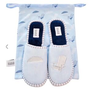 NWT HANG ACCESSORIES Foldable Travel Slippers Womens Blue Beach Embroidery M 8-9